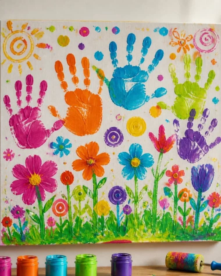 Mockup of a colourful handprint flower garden painted on canvas
