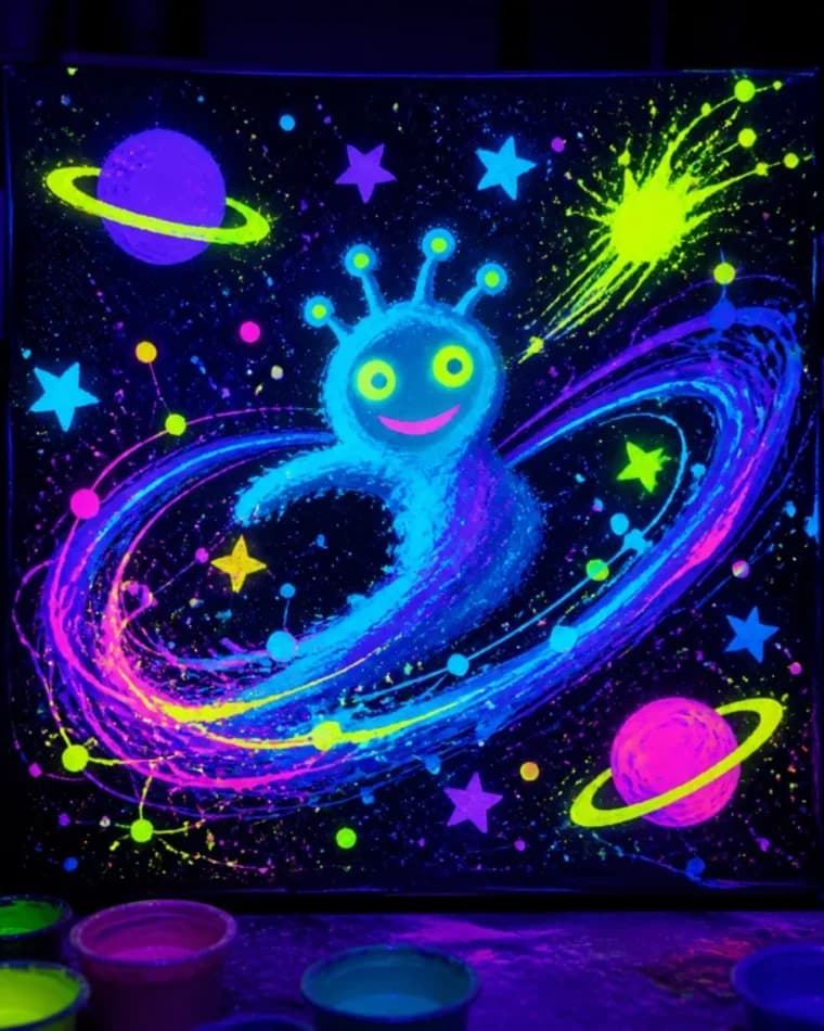 Mockup of a fluorescent space creature painted on a dark canvas