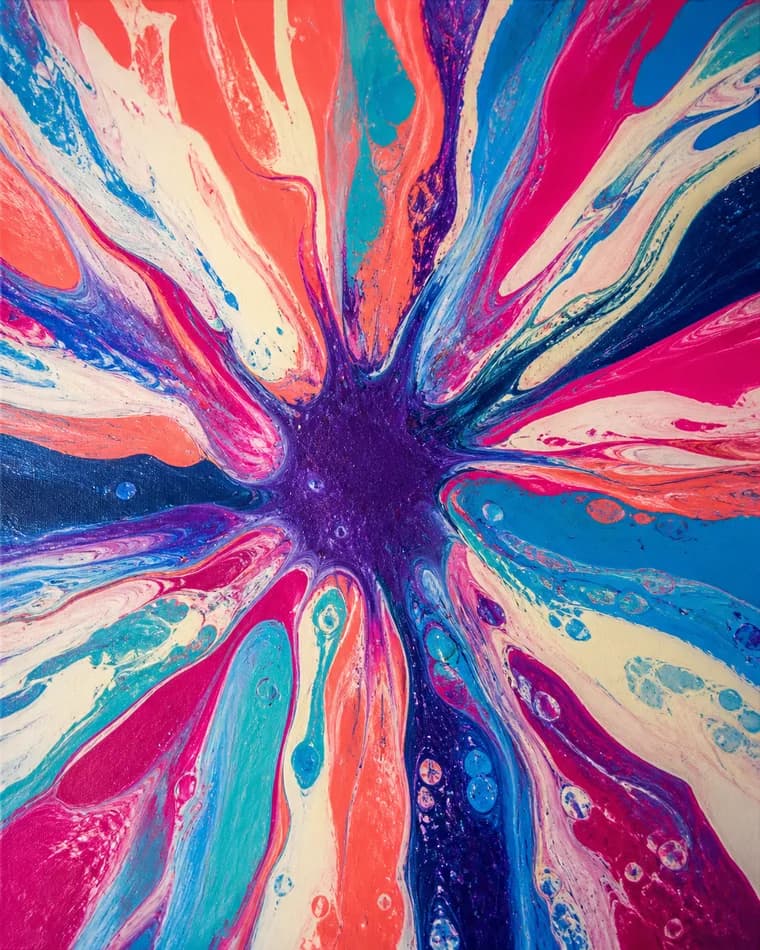 Abstract pour painting blooming from a deep violet centre