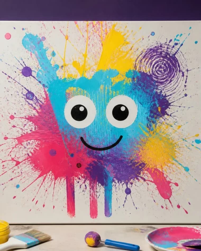 Mockup of a colourful splatter creature painted on canvas