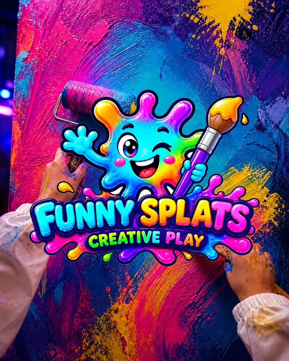 Funny Splats logo over a vivid painting scene with brushes and rollers